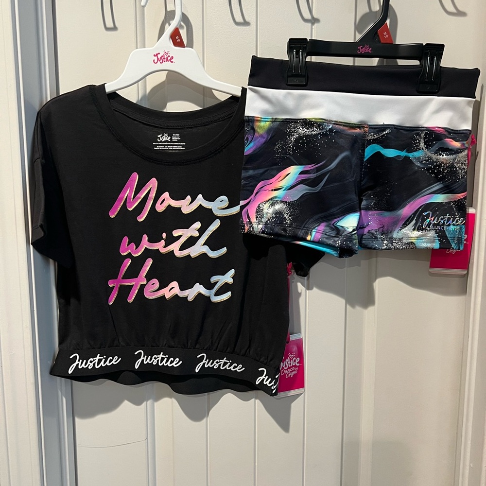Justice Black and Multicolor shorts Active Set NWT girl sz medium 10 gymnastics